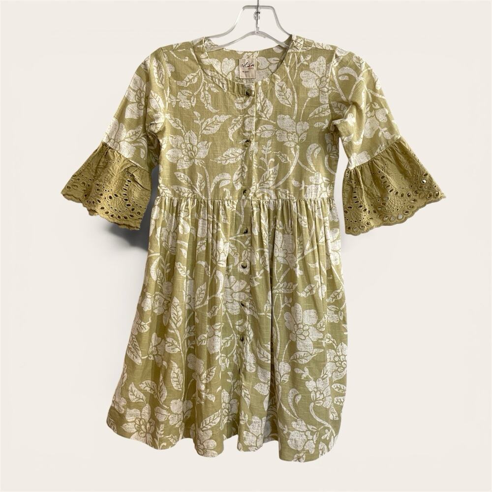 Utsa Kids Peasant Boho Dress Size 7/8 Green White Floral Cotton Short Sleeve